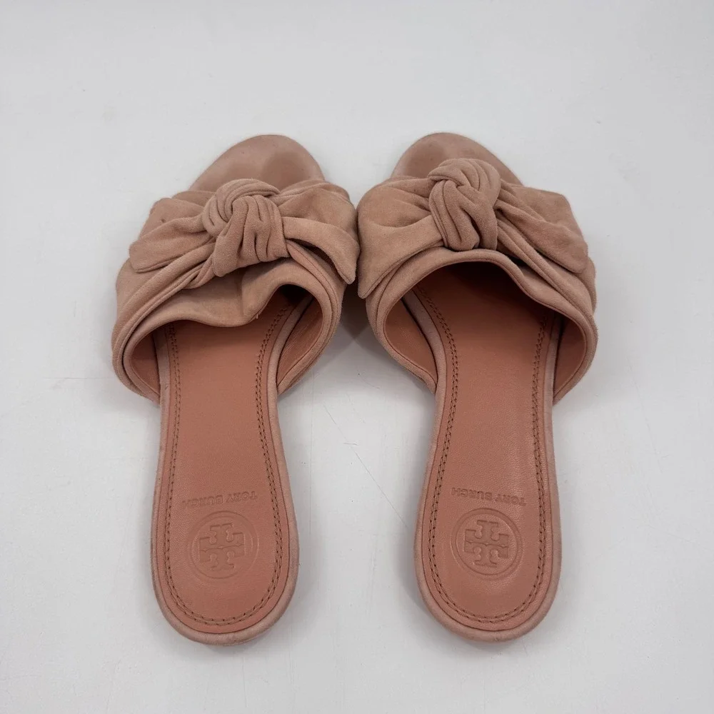 Tory Burch Annabelle Bow Suede Slide Sandals Blush Nude Size 6.5 Leather Sole
